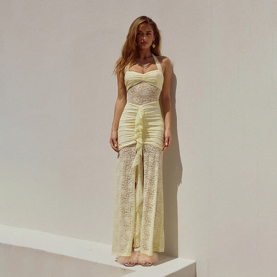 Damen Spitzen-Maxikleid mit raffiniertem Wickeldesign EB