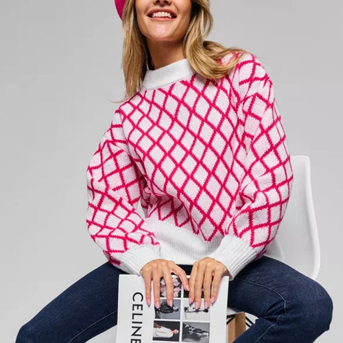 Damen lässiger Pullover mit modernem Rautenmuster und lässigem Schnitt EB