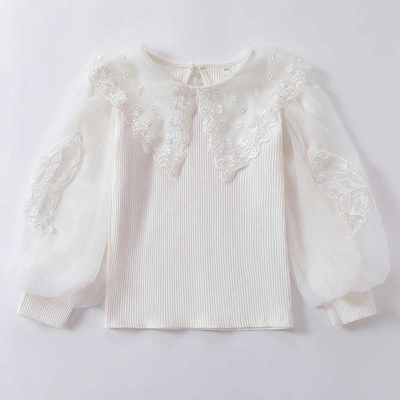 Mädchen Bluse mit luftigen Tüllärmeln und zarter Blumenbestickung EB