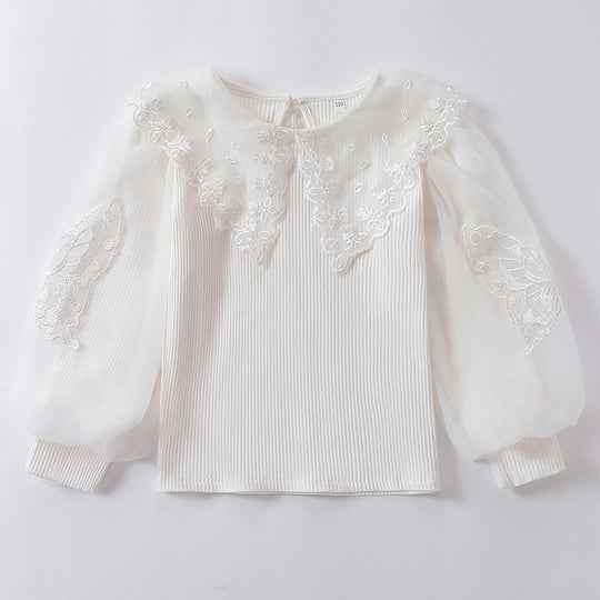Mädchen Bluse mit luftigen Tüllärmeln und zarter Blumenbestickung EB