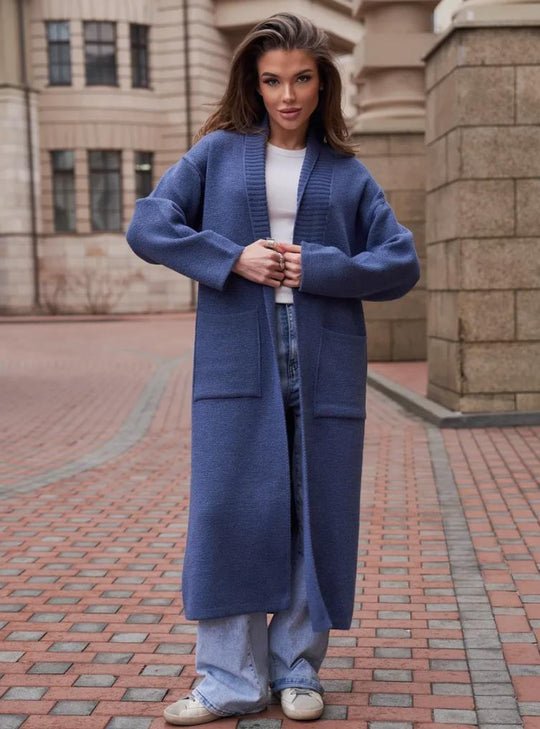 Damen Strickmantel mit tiefem V-Ausschnitt und großen Taschen EB