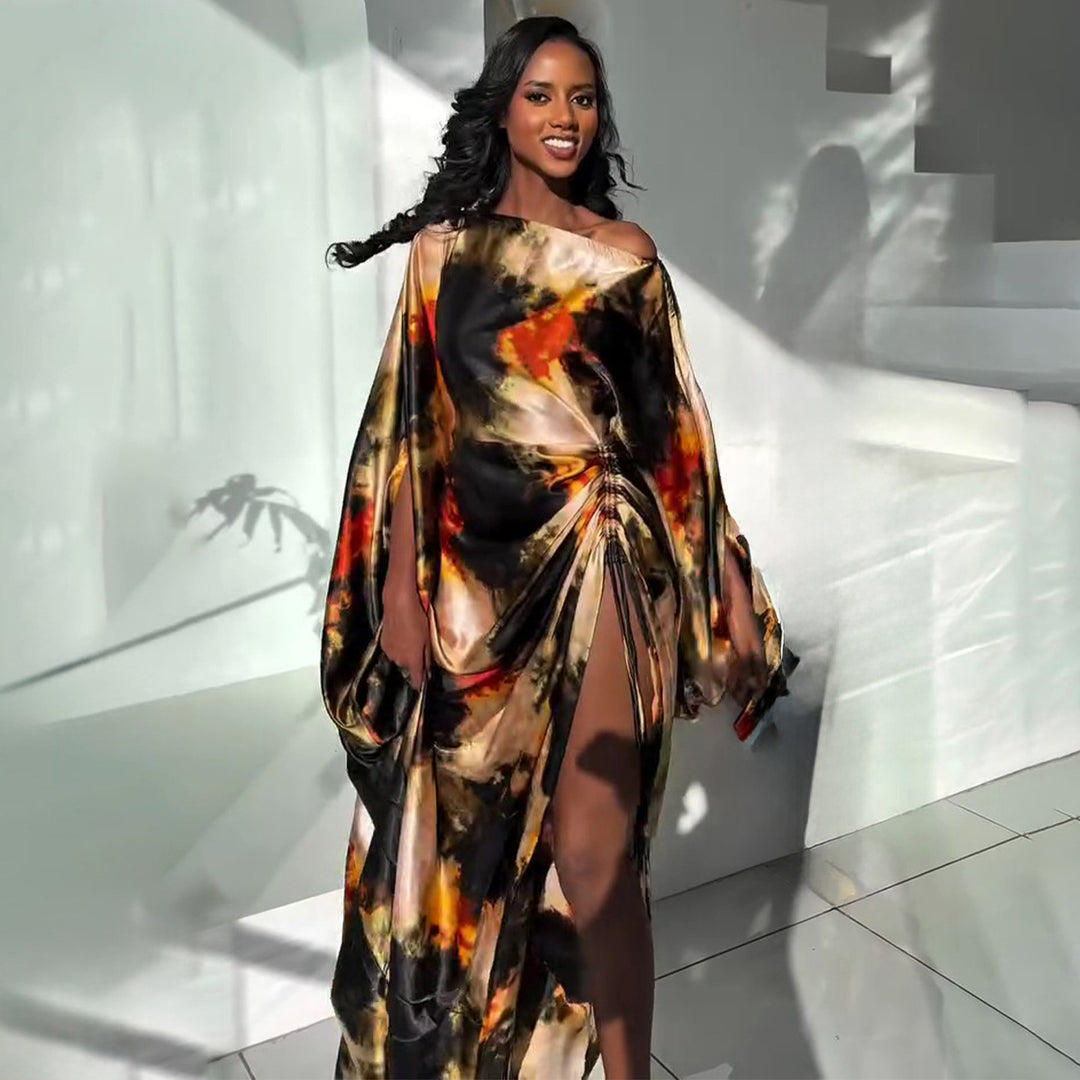 Damen Maxi-Kleid mit dramatischem Schlitz und schimmerndem Stoff EB