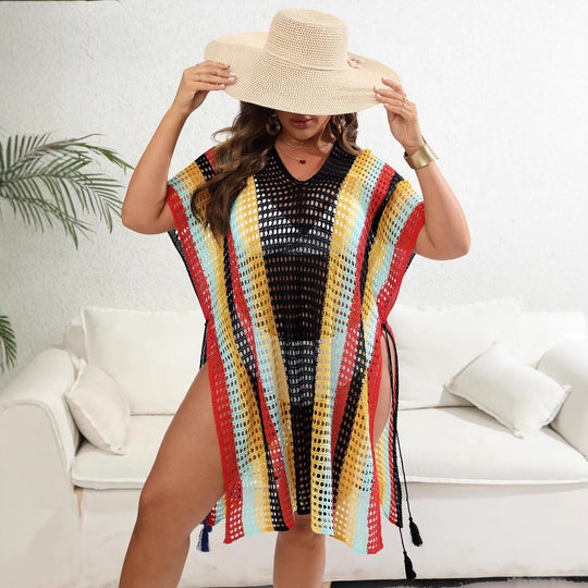 Damen luftiger Häkel-Strandponcho mit modischen Fransen EB