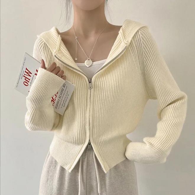 Damen lässige Strickjacke mit Kapuze und Reißverschluss EB