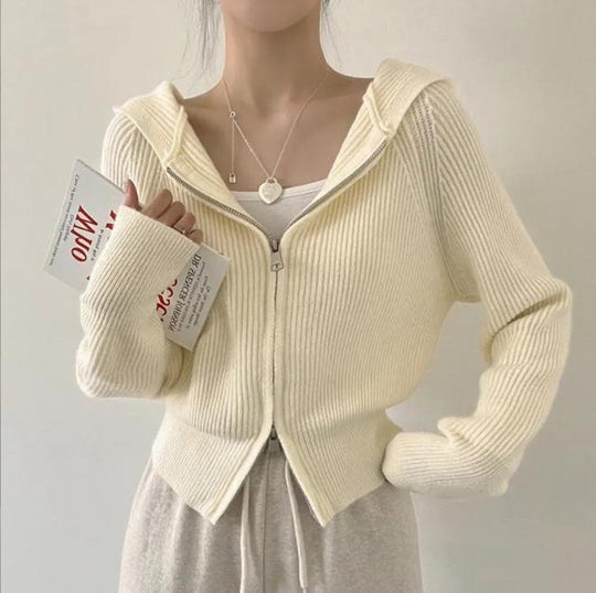 Damen lässige Strickjacke mit Kapuze und Reißverschluss EB