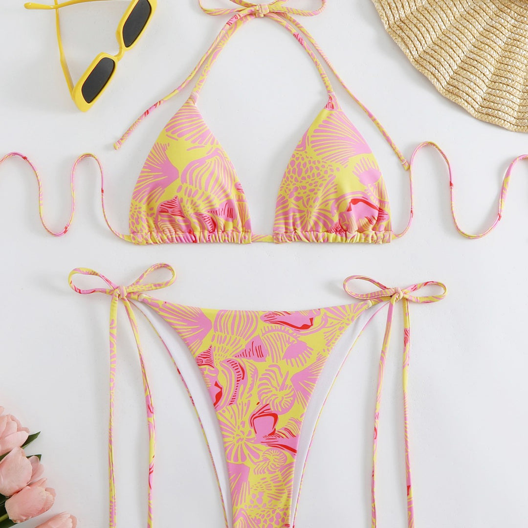 Damen Triangel-Bikini mit lebhaftem floralem Muster und verstellbaren Bindebändern EB