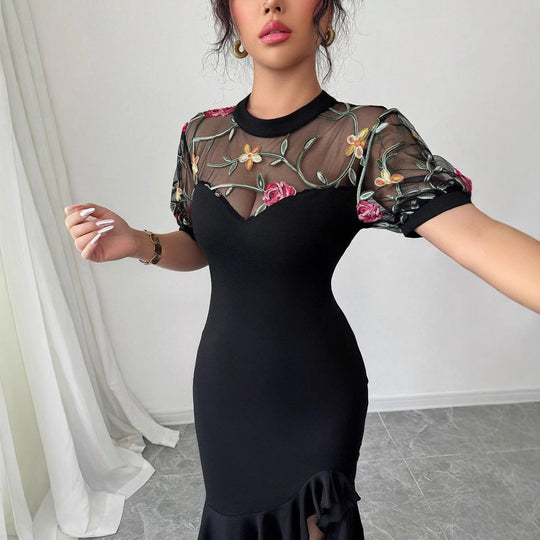 Damen Elegantes Kleid mit transparentem Spitzenoberteil und floralem Design EB