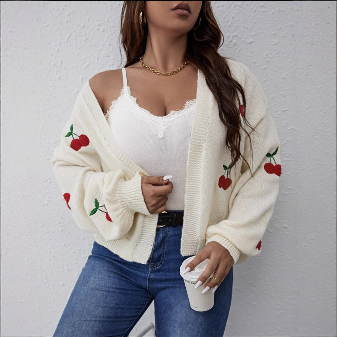 Damen Kurzgeschnittener Oversize-Cardigan mit Kirsch-Stickerei EB