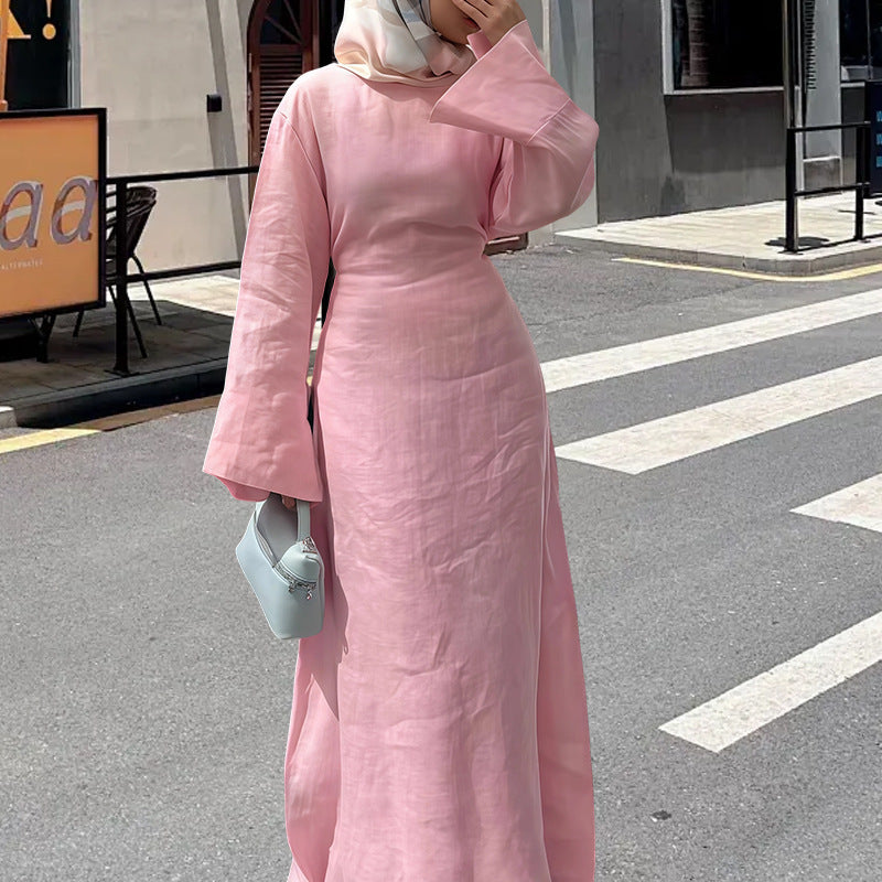 Damen Maxikleid mit taillierbarem Gürtel und elegantem Kragen EB