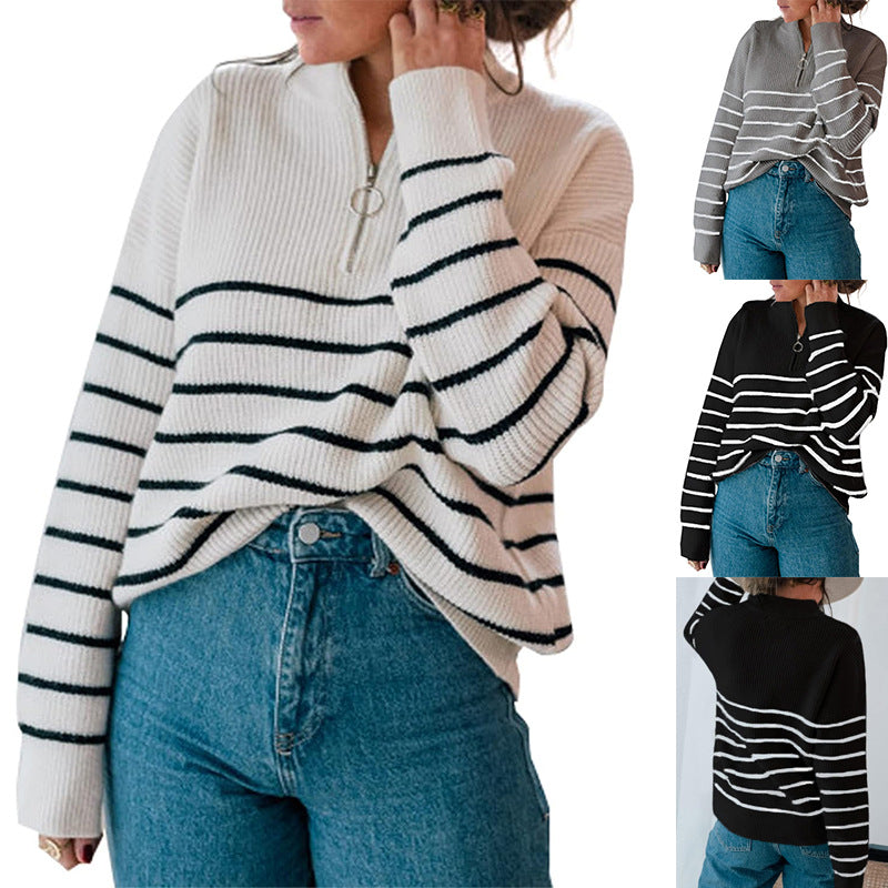 Damen gestreifter Pullover mit halbem Reißverschluss EB