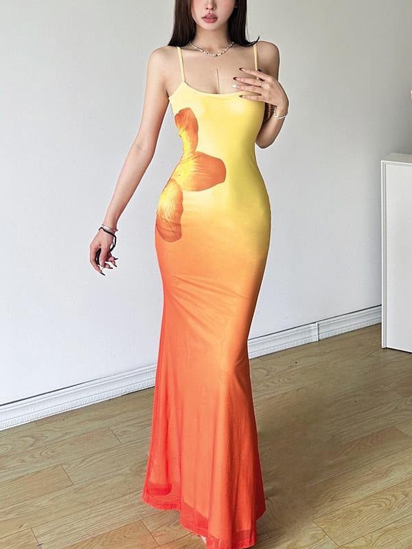 Damen figurbetontes Abendkleid mit Spaghettiträgern und Farbverlauf EB