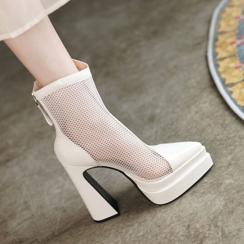 Damen stilvolle Plateau-Stiefeletten mit transparentem Netzdesign EB