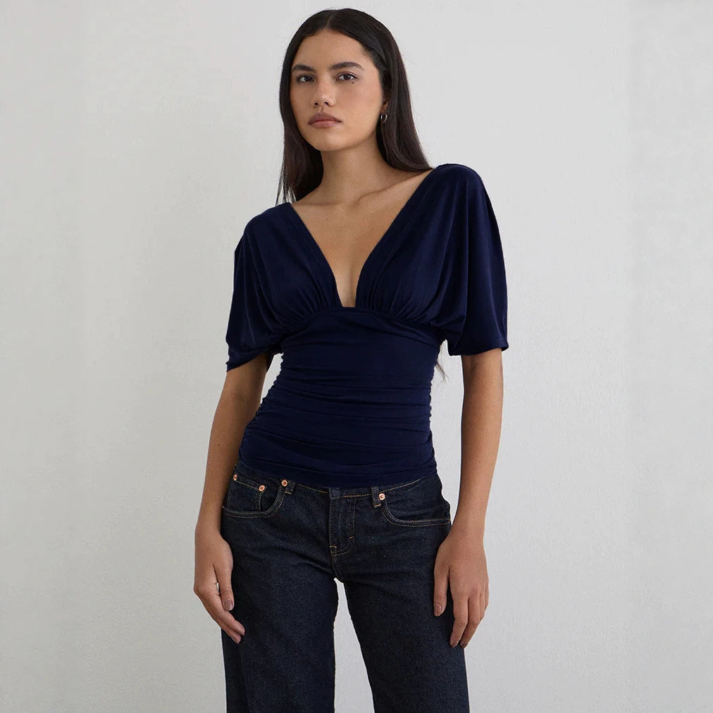Damen Elegantes Oberteil mit tiefem V-Ausschnitt und lässigem Drapierungsdesign EB