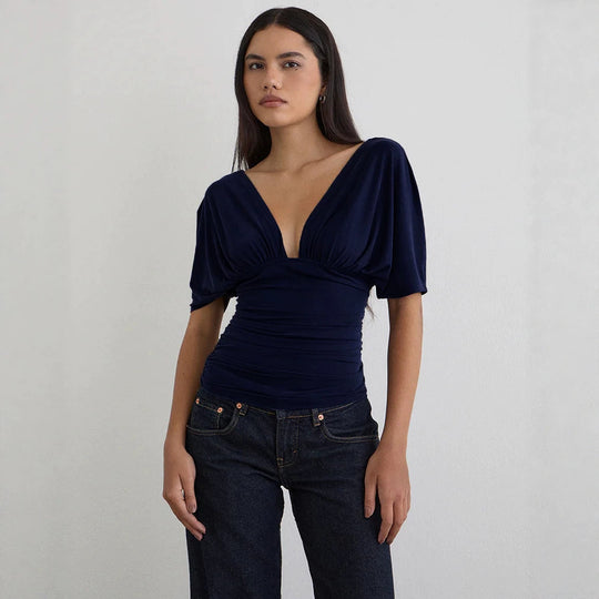 Damen Elegantes Oberteil mit tiefem V-Ausschnitt und lässigem Drapierungsdesign EB