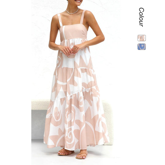 Damen Maxikleid mit modernem grafischen Muster und luftigen Volants EB