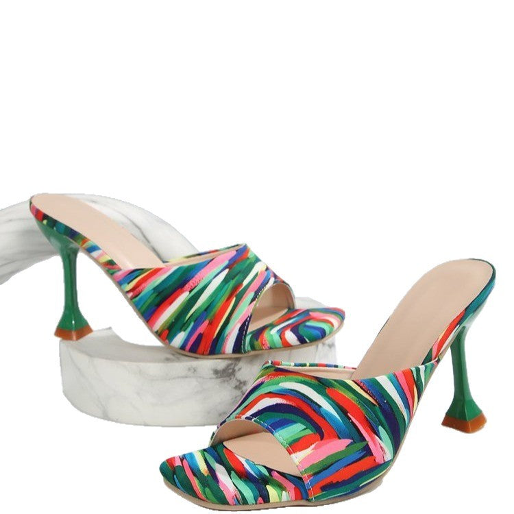 Damen Schicke offene Abendsandalen mit hohen Pfennigabsätzen und buntem Design EB