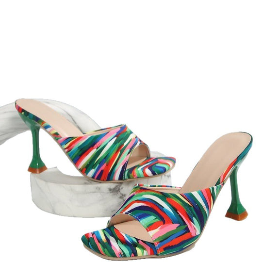 Damen Schicke offene Abendsandalen mit hohen Pfennigabsätzen und buntem Design EB