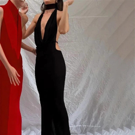 Damen Maxikleid mit elegantem Wasserfallausschnitt und figurbetontem Design EB