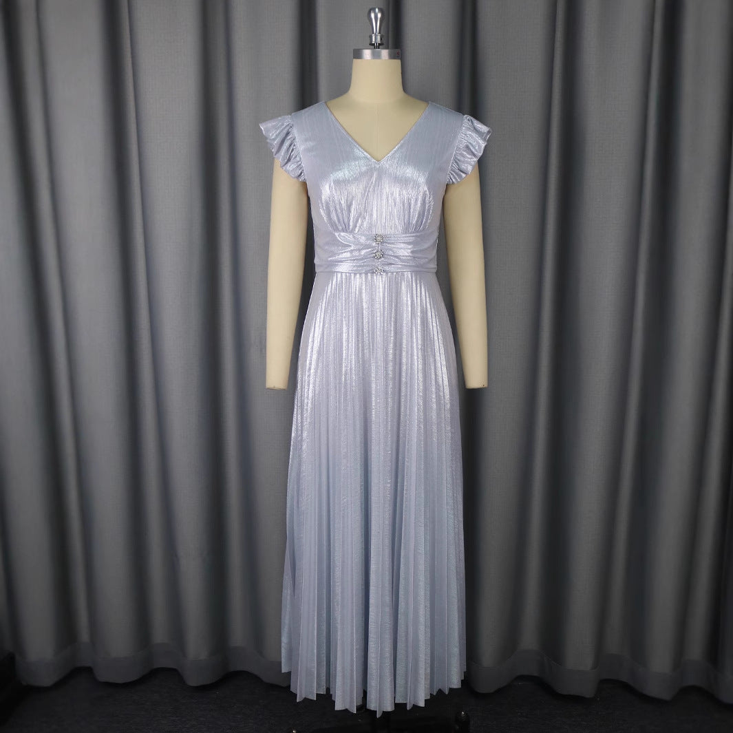 Damen elegantes Maxikleid mit schimmerndem Obermaterial und strukturiertem Taillenteil EB