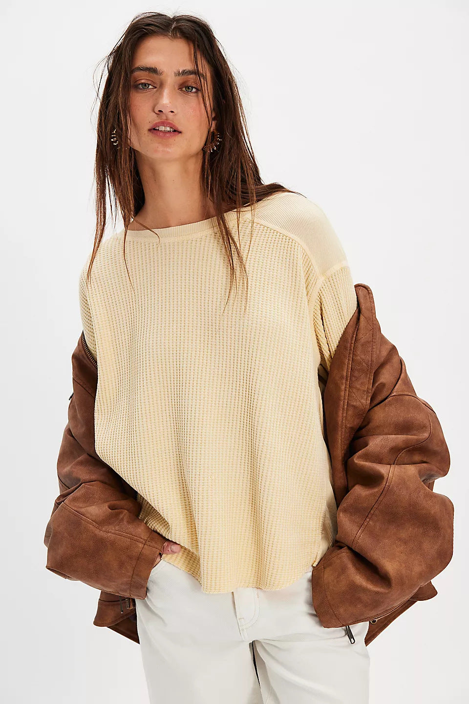 Damen Oversized Waffelstrick-Pullover mit weitem Schnitt und tiefem Raglan EB