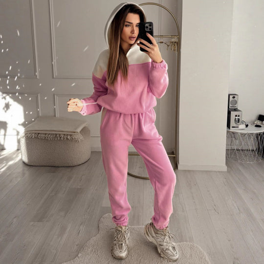 Damen Zweiteiliges Farbblock-Loungewear-Set mit halbem Reißverschluss und schmaler Jogginghose EB