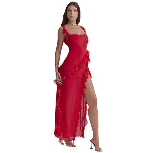 Damen Maxikleid mit verführerischen Rüschen und hohen Schlitz Heidi-Mode