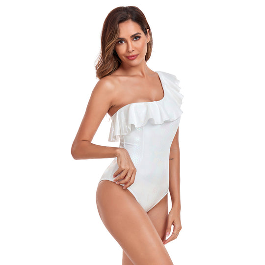 Damen Eleganter asymmetrischer Einteiler Badeanzug mit Rüschen EB