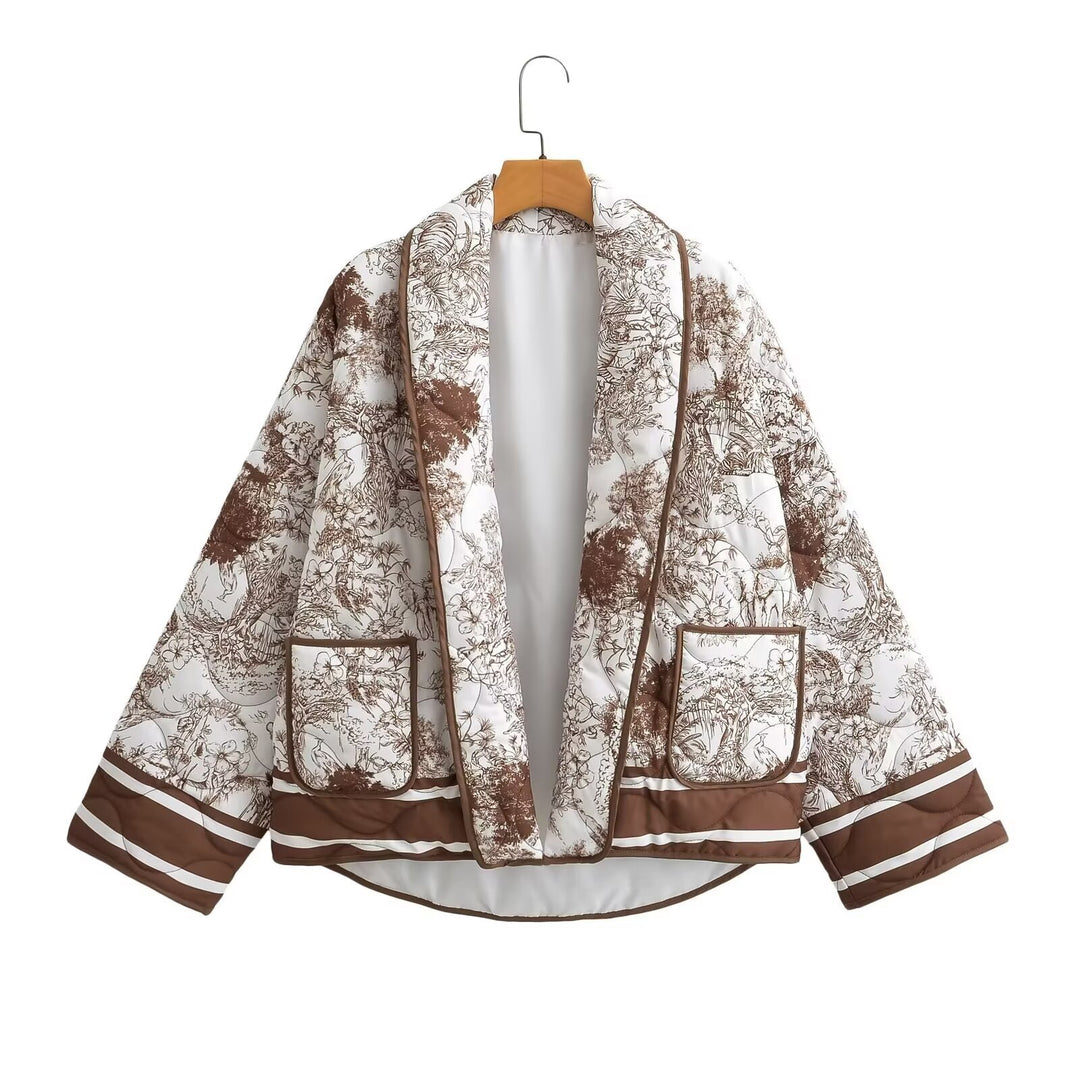 Damen leichte Steppjacke im botanischen Design mit großen Taschen EB