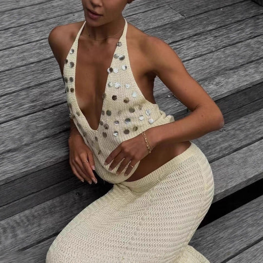 Damen Elegantes gehäkeltes Maxikleid mit funkelnden Akzenten EB