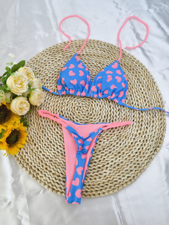 Damen Triangel-Bikini-Set mit fröhlichem Kirschmuster und verstellbaren Trägern EB