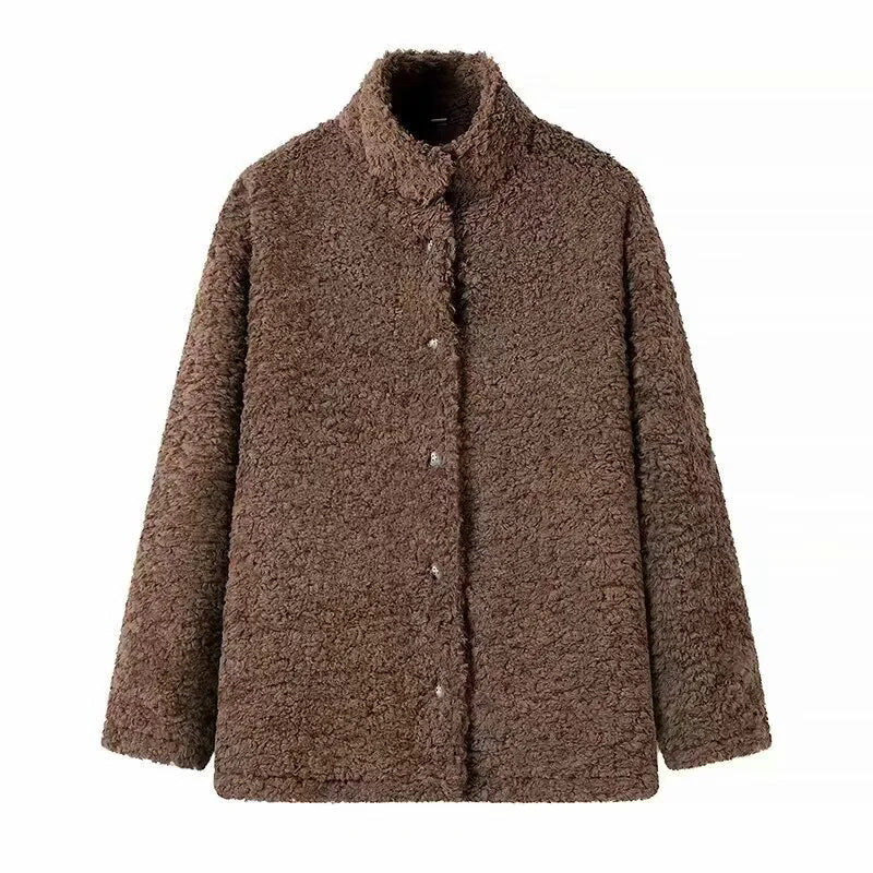 Damen kuschelige Fleecejacke mit hohen Kragen und Druckknopfverschluss EB