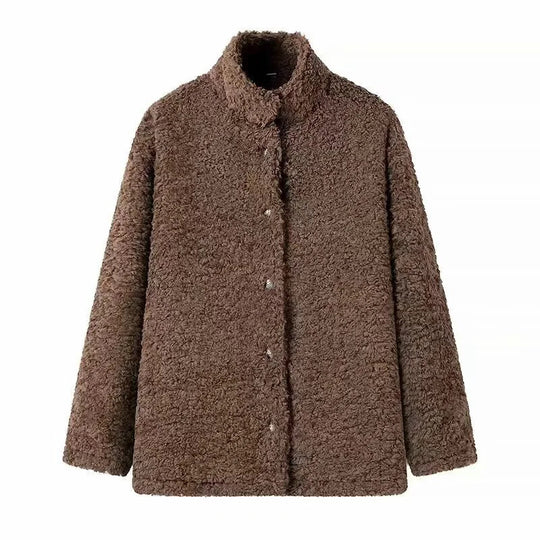 Damen kuschelige Fleecejacke mit hohen Kragen und Druckknopfverschluss EB