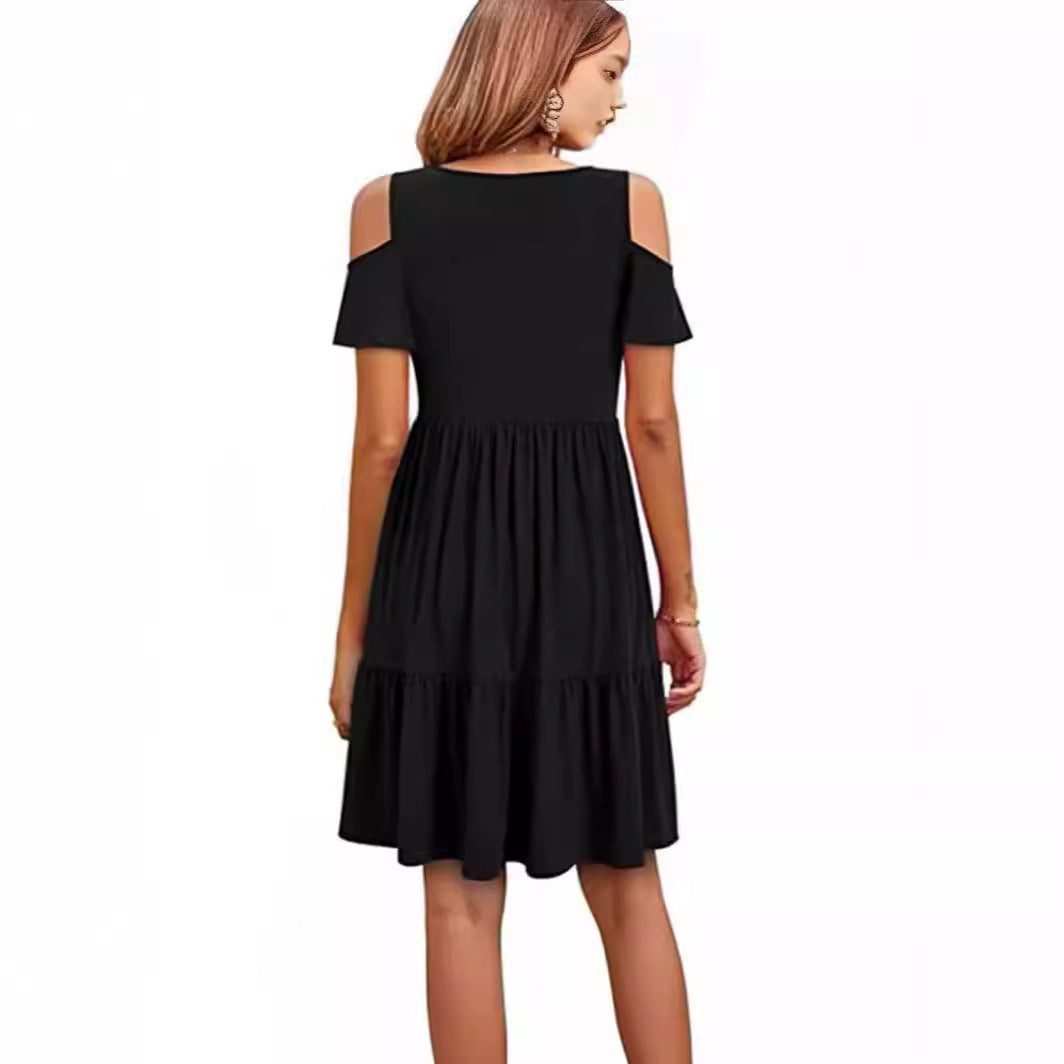 Damen lässiges Kleid mit kaltem Schulterdesign und voluminösem Rock EB