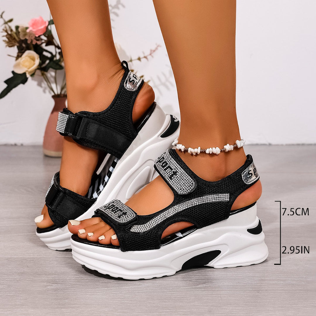 Damen Sportliche Wedge-Sandalen mit atmungsaktiver Oberflächenstruktur und klettbarem Verschluss EB