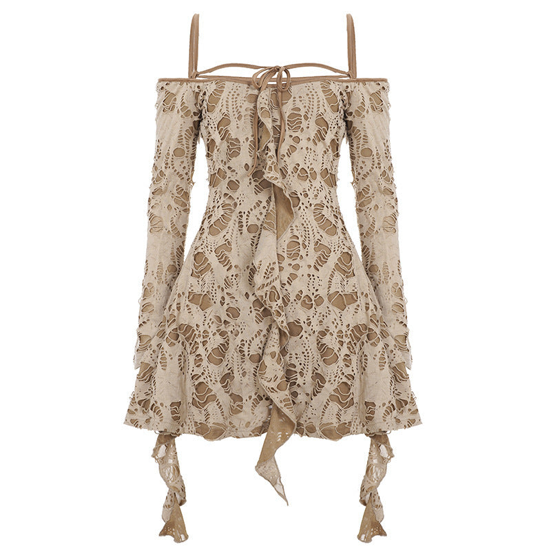 Damen Spitzenkleid mit Rüschendetails und Off-Shoulder-Design EB