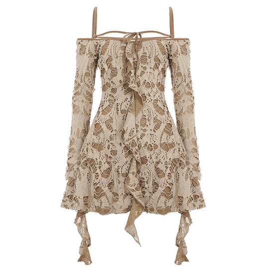 Damen Spitzenkleid mit Rüschendetails und Off-Shoulder-Design EB