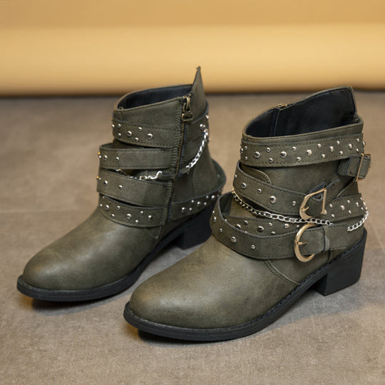 Damen modische Stiefeletten mit verzierten Riemen und Kettenelementen EB