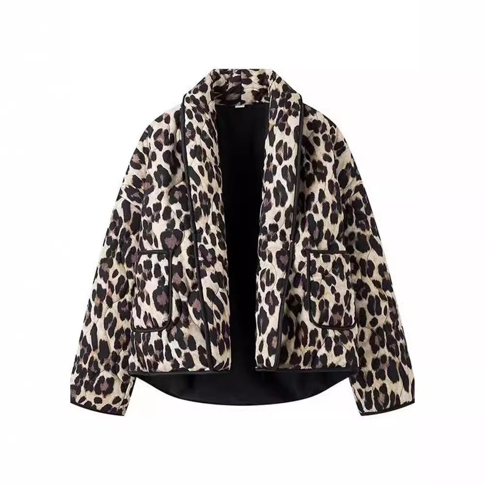 Damen Modische Leopard-Jacke mit eleganten Paspeldetails EB