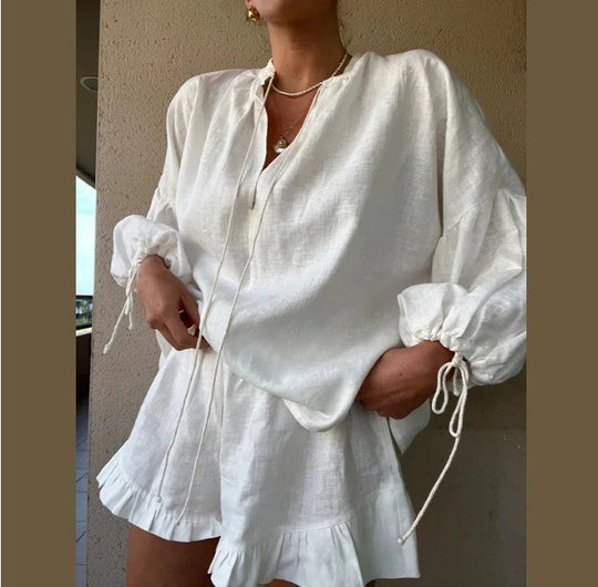Damen Blusenset mit elegantem Rüschensaum und lockerer Passform EB