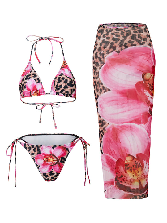 Damen Triangel-Bikini mit floralem und tierischem Muster EB