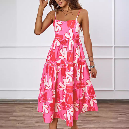 Damen Knielanges Freizeitkleid im modernen Layering-Design mit buntem Muster EB