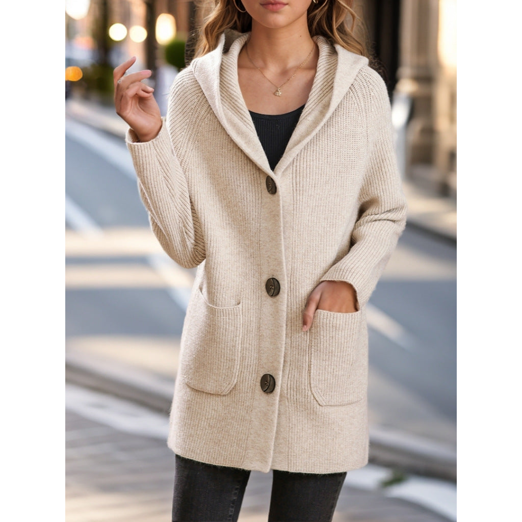 Damen nan lange gerippte Kapuzen-Strickjacke mit aufgesetzten Taschen und markanten Knöpfen EB