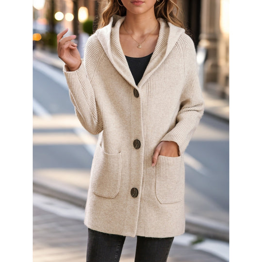 Damen nan lange gerippte Kapuzen-Strickjacke mit aufgesetzten Taschen und markanten Knöpfen EB