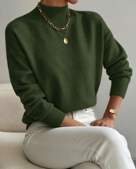 Damen kuscheliger Feinstrickpullover mit Stehkragen und überschnittener Schulter EB