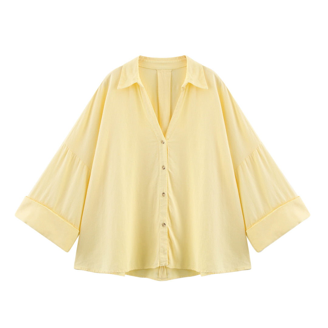 Damen nan oversized Streifen-Hemdbluse mit überschnittener Schulter, 3/4-Ärmel und verlängertem Rückensaum EB