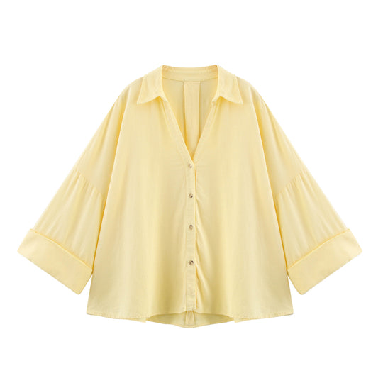 Damen nan oversized Streifen-Hemdbluse mit überschnittener Schulter, 3/4-Ärmel und verlängertem Rückensaum EB