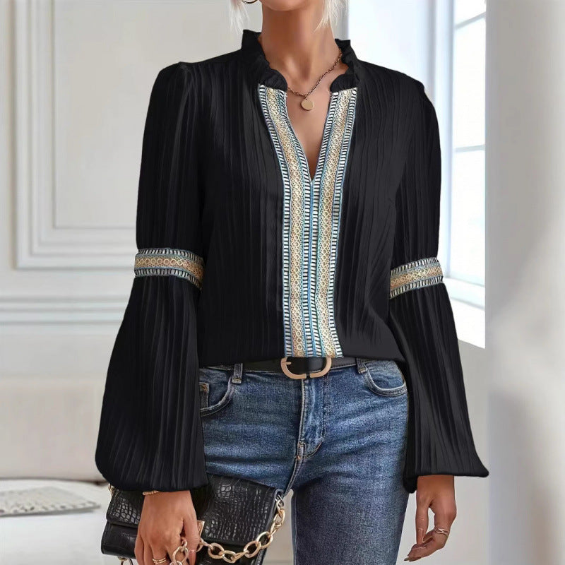 Damen elegante plissierte Bluse mit verzierten Besätzen EB