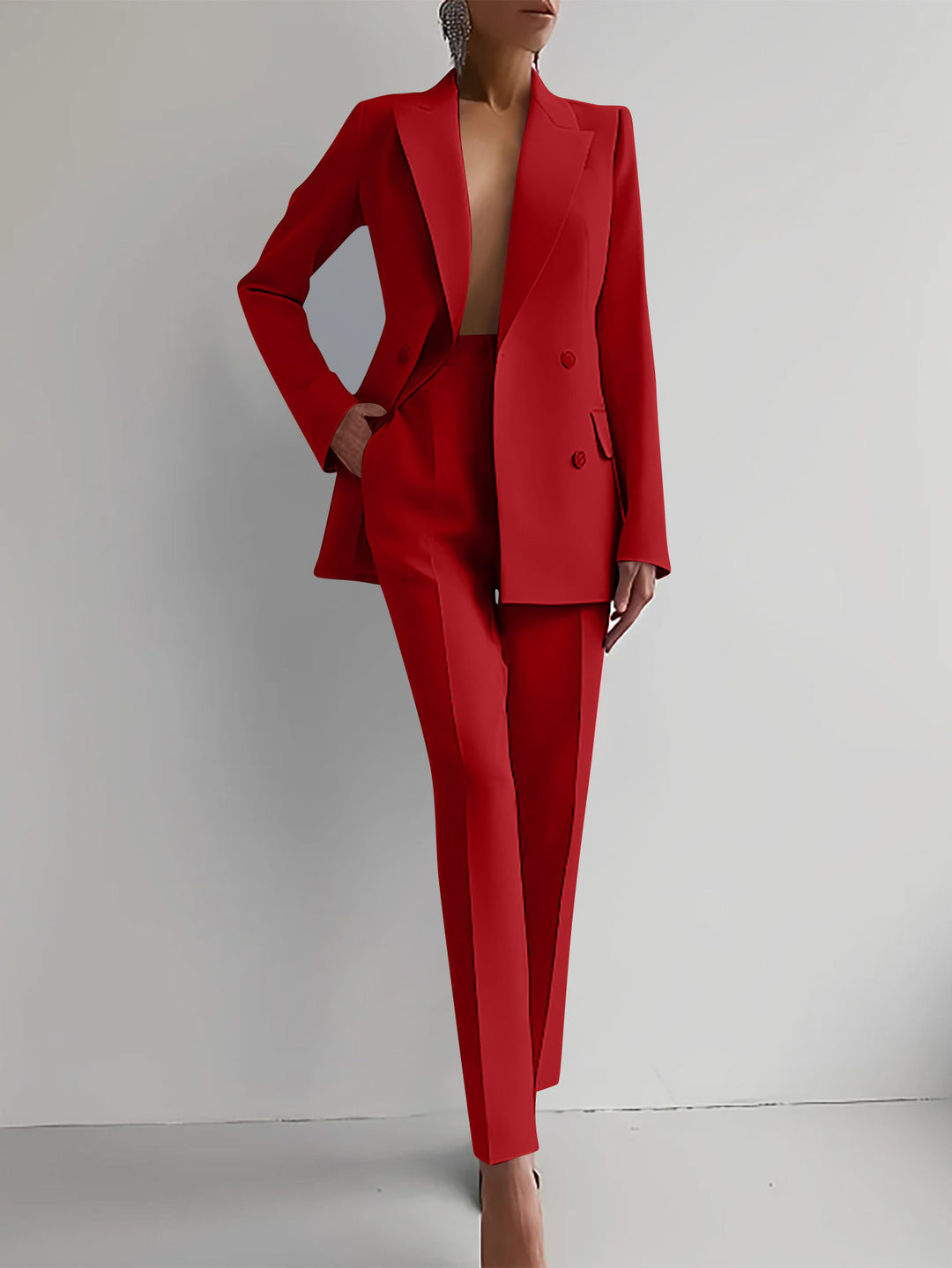 Damen elegantes Zweiteiler-Anzug-Set mit tailliertem Blazer und schmalen Hosen EB
