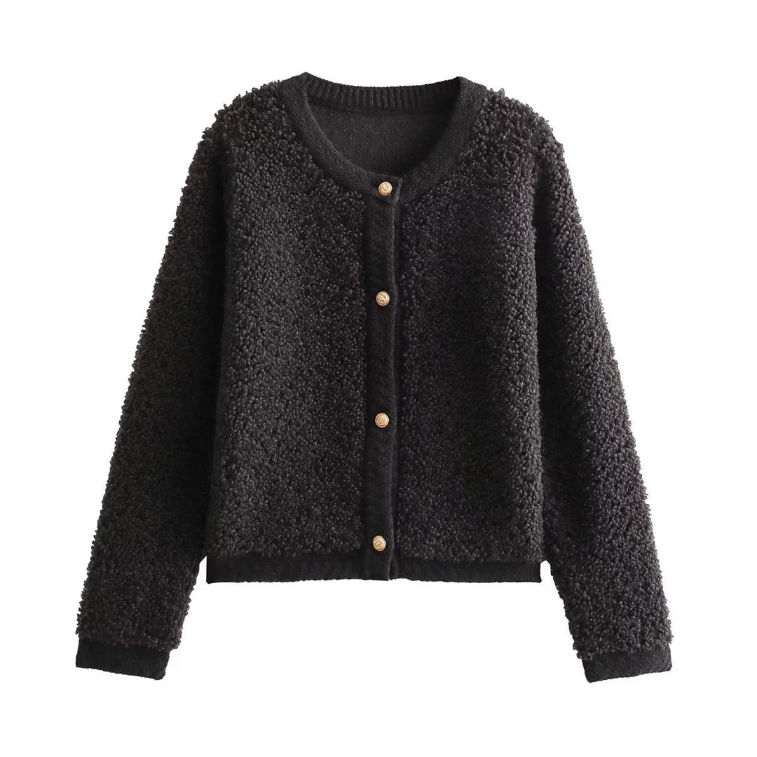 Damen kuschelige Fleecejacke mit dekorativen Holzknöpfen und eleganter Schnittführung EB