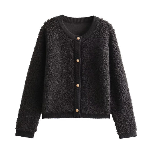 Damen kuschelige Fleecejacke mit dekorativen Holzknöpfen und eleganter Schnittführung EB